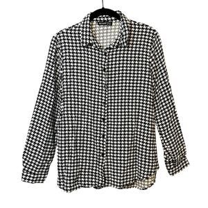 Big Dart Retro Black White Houndstooth Plaid Button Up Long Sleeve Blouse Top
